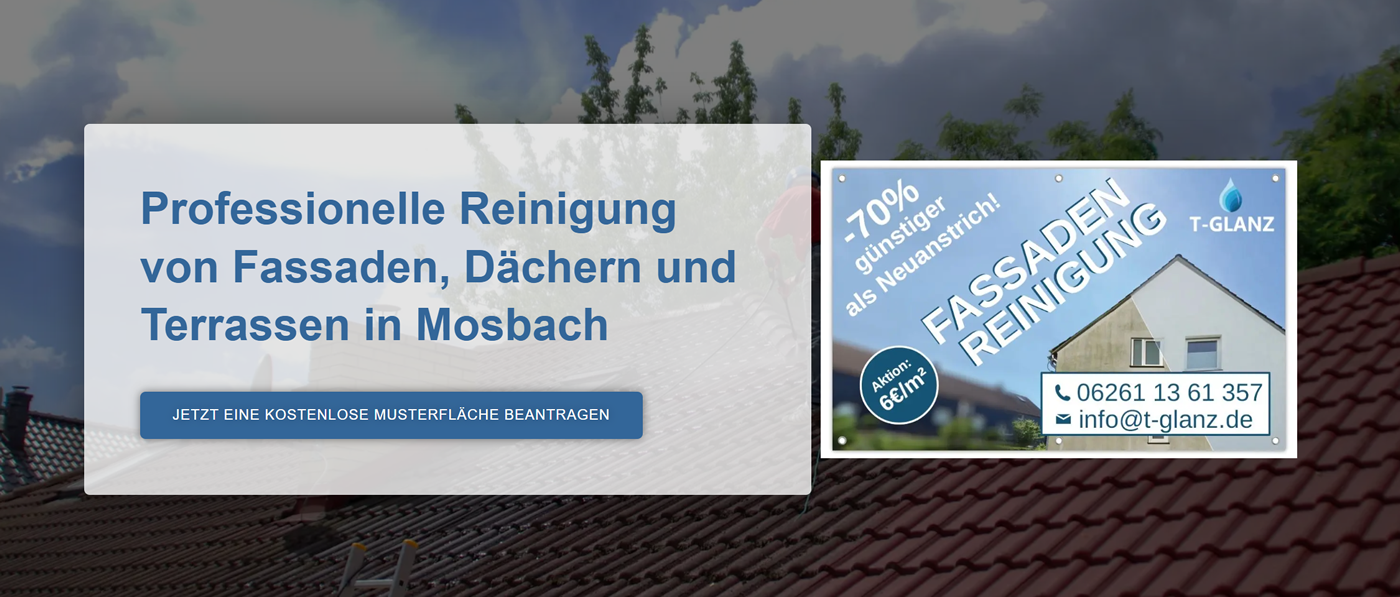 Fassadenreinigung Wald-Michelbach: ↗️T-GLANZ Gebäudereinigung - ✓Hochdruckreinigung, Dachreinigung, Terrassenreinigung, Schutzversiegelung
